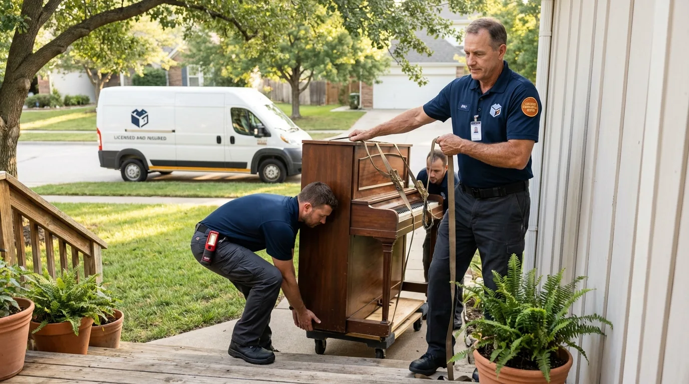 Licensed piano movers securing grand piano in Bristol, ME