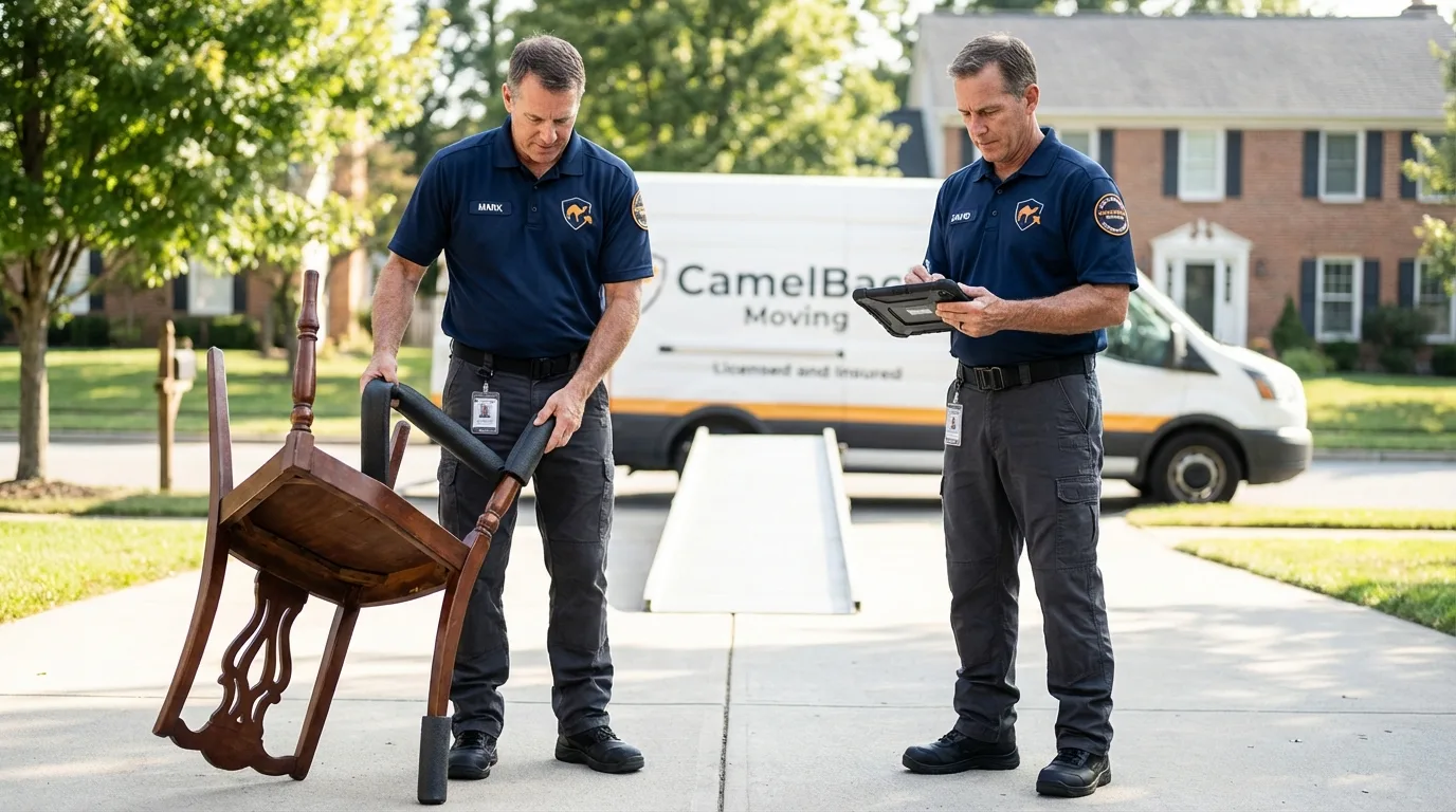 Movers inspecting furniture for damage prevention before loading in Bristol, ME