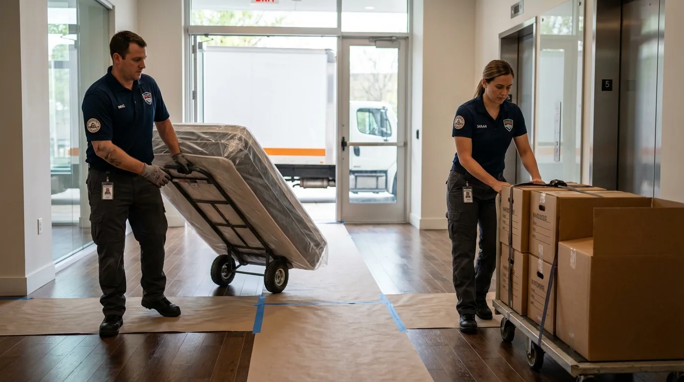 Professional apartment movers loading elevator in Bristol, ME